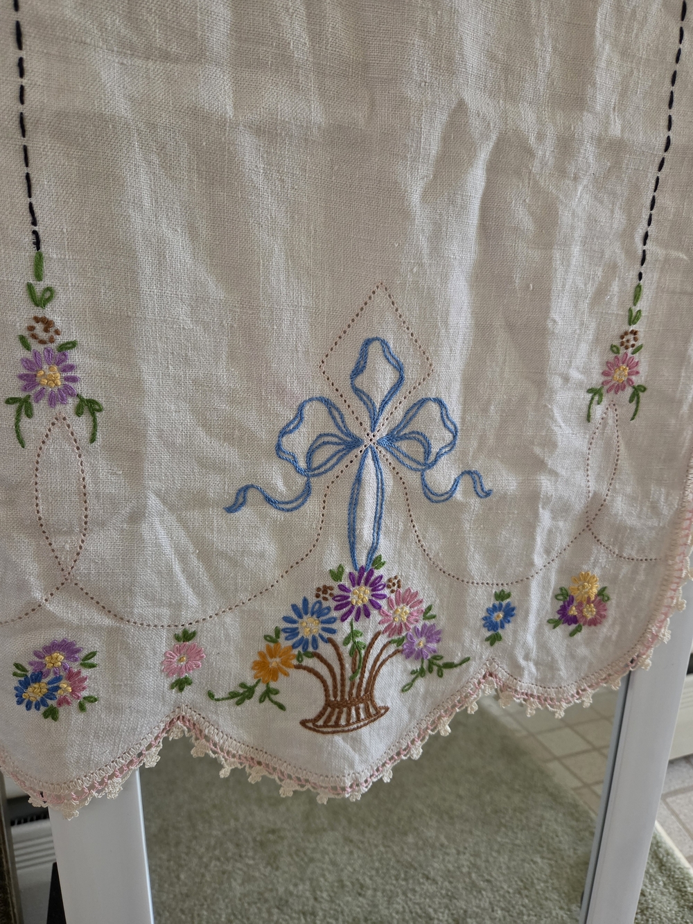 Cream Linen Embroidered Table Accent with Blue Bow and Floral Basket
